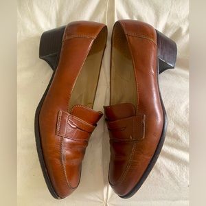 Enzo Warm Brown 2inch chunk heals loafers, size 8.5